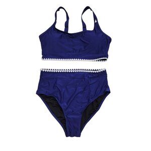 Womens Size Medium Blue & White Two-Piece Swimsuit With Trim Detail